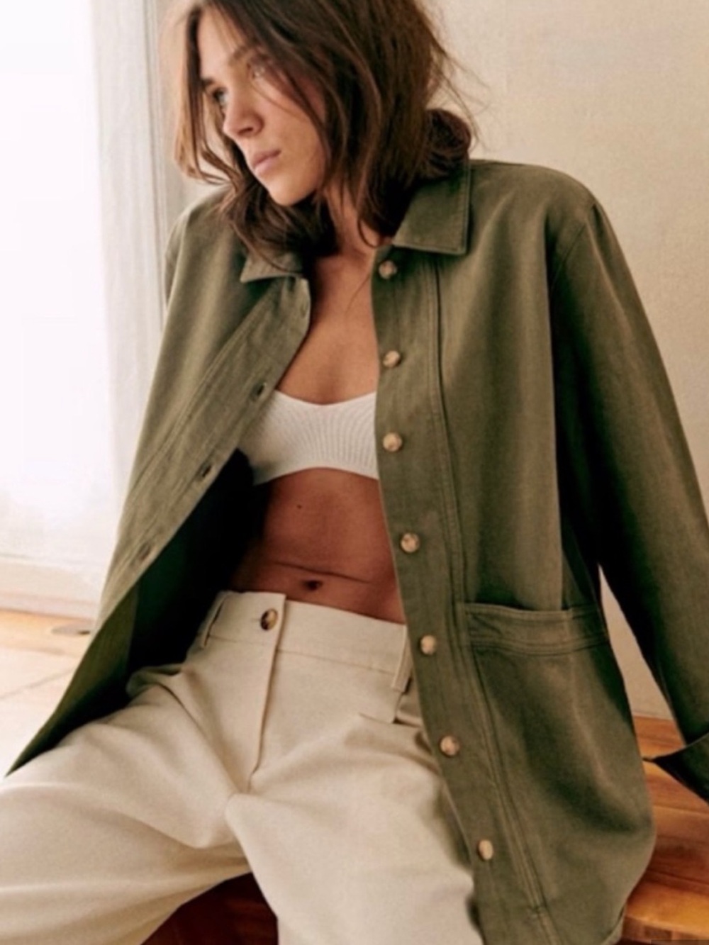 Sezane Will XXS Olive denim Utility Jacket with Button Front chore jacket